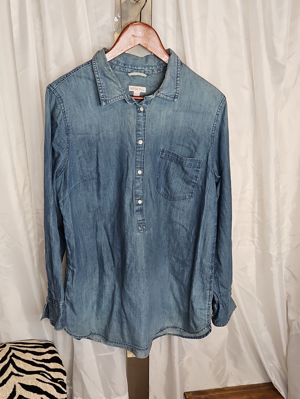 Merona Lightweight Denim-Style Blue Henley Front Shirt Xxl